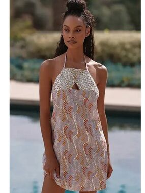 Celandine For Anthropologie Linen Blend Halter Sequin Mini Dress Sz Large Summer